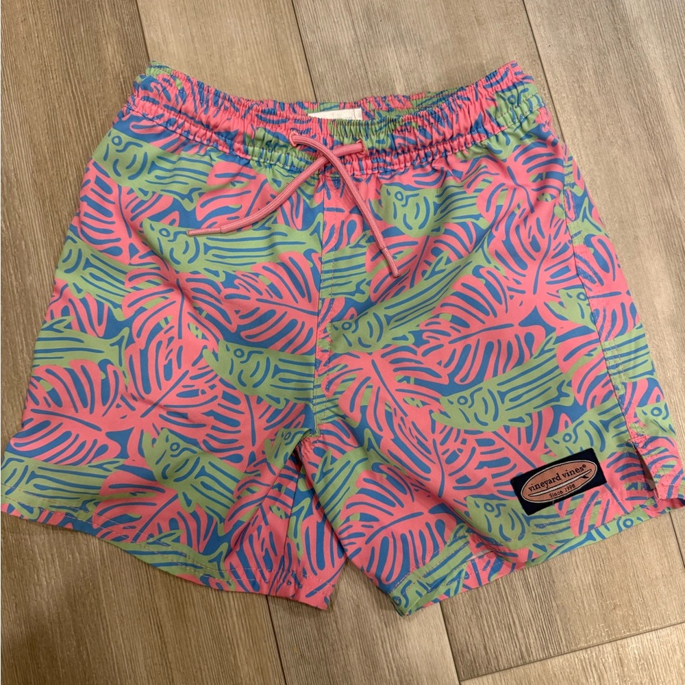 Vineyard Vines Pink and Blue Leaf Print Swim Shorts